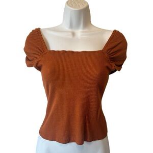 Anthropologie top XXS Rust orange brown Ribbed knit Short cap sleeve Womens